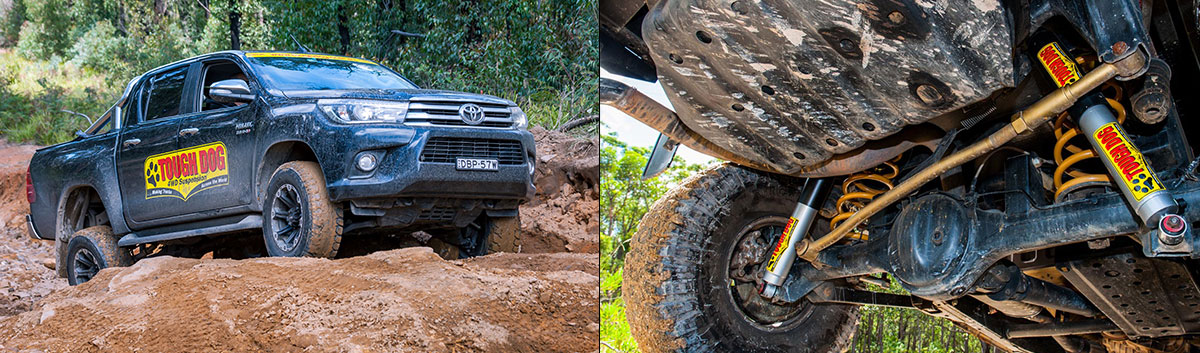 A Hilux with lift kit drives offroad. Undercarriage with lift kit displayed from below.